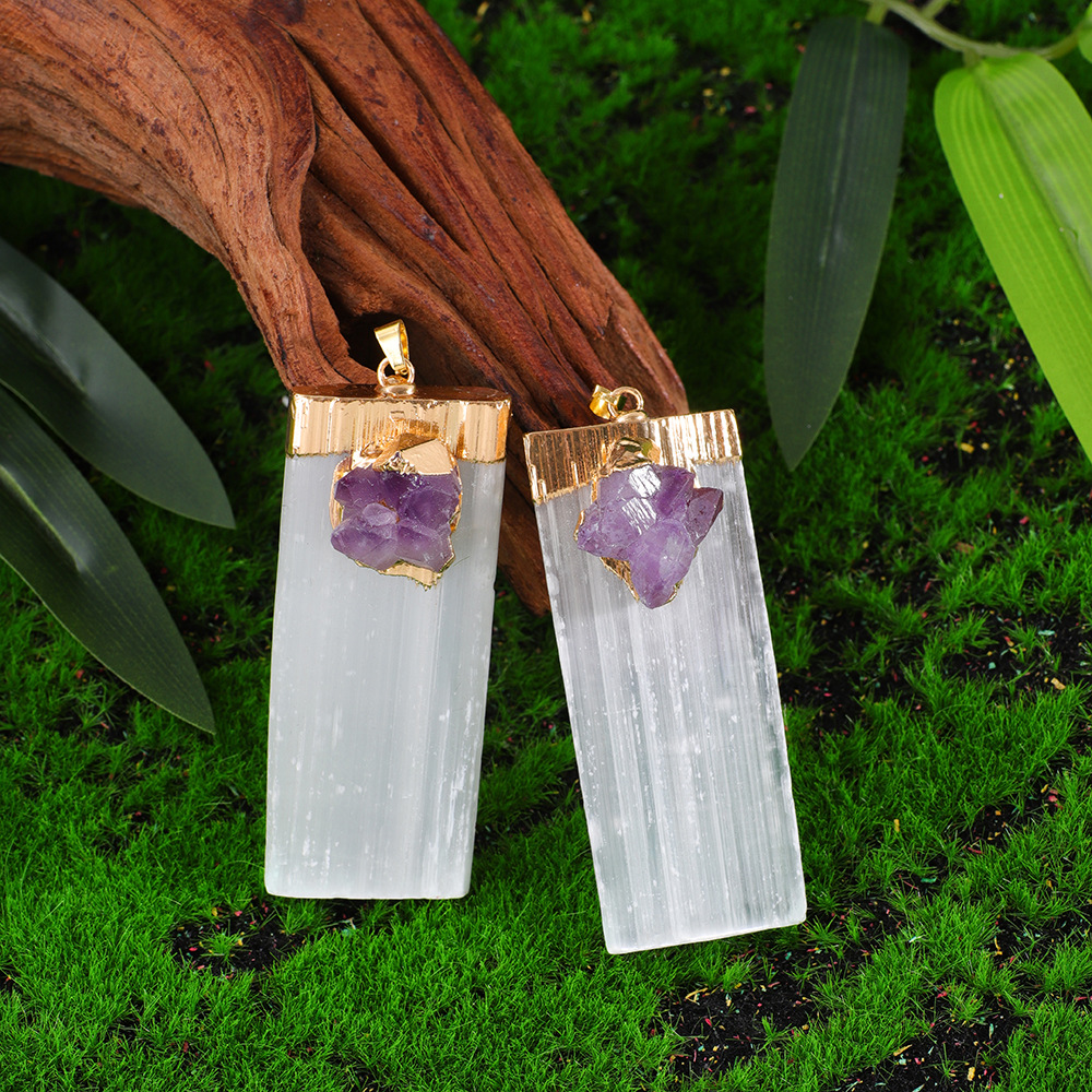 Amazon White Gypsum Set Amethyst Cluster Pendant Long Crystal Column Pendant European and American Jewelry Amethyst Necklace Cross Border