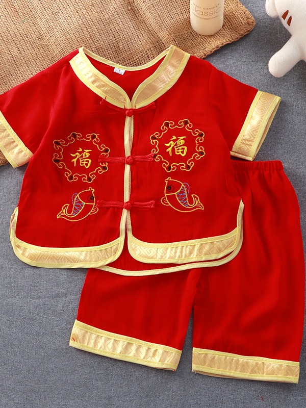 2025 Chinese Style Boy Dragon's Prayer Tang Suit Artificial Cotton Short-Sleeved Suit Double Unicorn Boy Tang Suit Performance