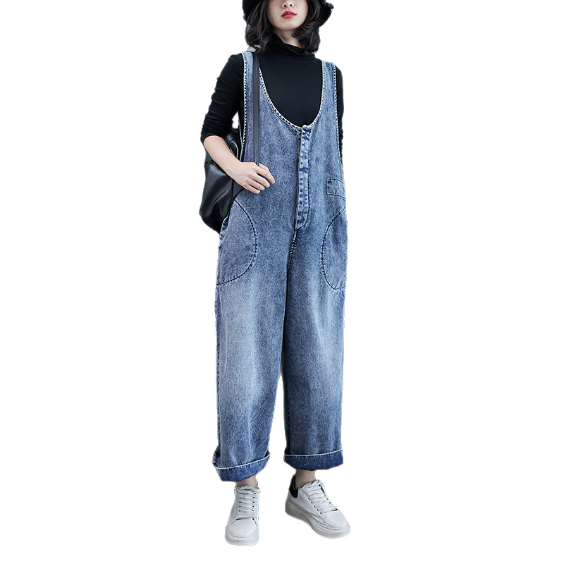 Real Stock Loose Retro Overalls Denim Wide-Leg Pants Denim Overalls Jumpsuit Long Pants