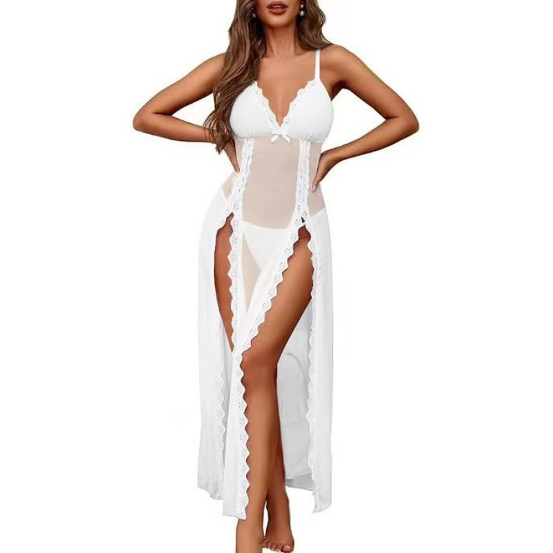 European and American Cross-Border Summer New Sexy Pajamas Set with Underwear Sexy Suspenders Mesh Nightgown Women's See-Through Extra Large Size