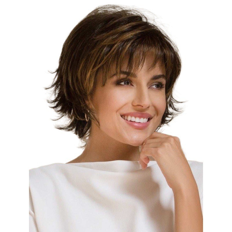 Wig Processing Export Ladies Short Straight Hair Fluffy Short Bangs Dark Brown Blonde Wig Outturned Short Curly Hair