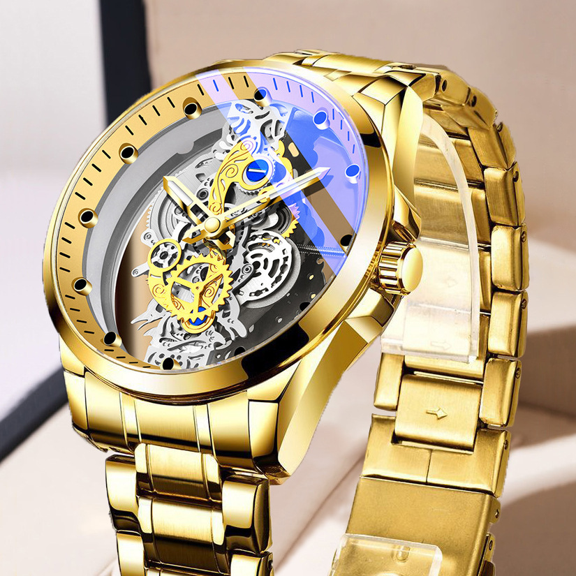Cross-Border double-sided transparent hollow automatic mechanical watch men's watch men's waterproof luminous quartz watch TikTok New