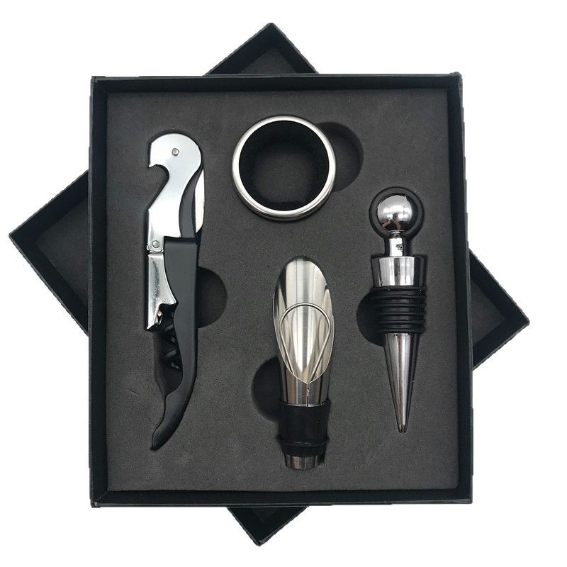 Red Wine Bottle Opener Set Wine Gift Box Four-piece Set Stainless Steel Vacuum Plug Pour Gift Box Spot Supply