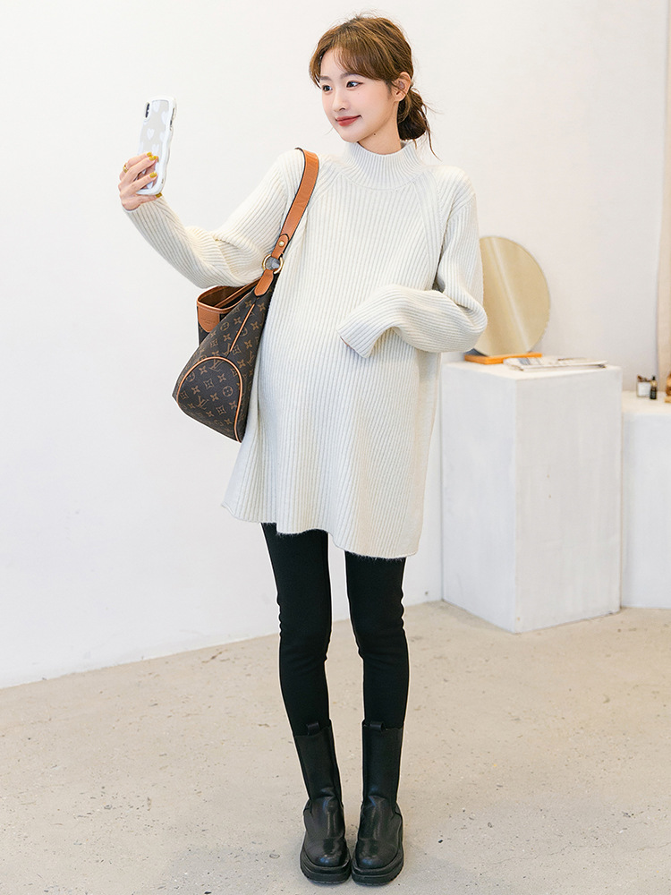 Autumn and Winter Pregnant Women's Dress Korean Style Pregnant Women's Sweater Half-turtleneck Mid-length Temperament Pregnant Women's Base Sweater Loose Casual