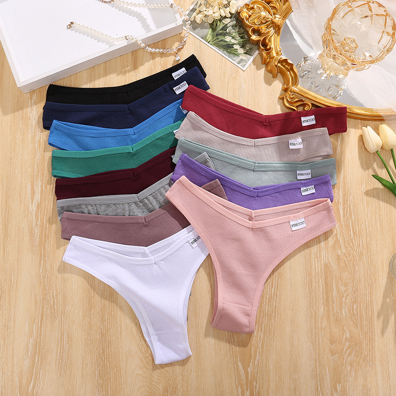 Cross-Border Popular Underwear Women's Threaded Cotton V-Waist Vertical Pattern Comfortable Mid-Waist Comfortable Women's Underwear Briefs
