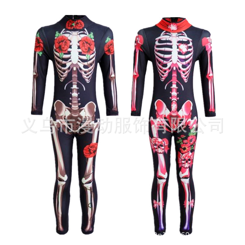 Women's Printed Rose Skull jumpsuit Milk Silk Material Sexy Halloween Horror Dress Up Girl Party