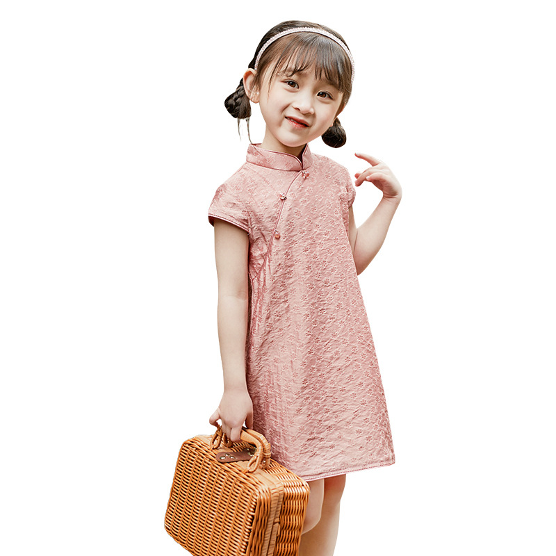 2025 Summer New Style Girls Short-Sleeved Cheongsam Princess Skirt Pure Color Fashion Flower Chinese Style Cheongsam