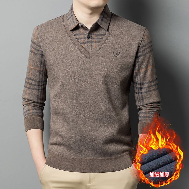 Теплый свитер с утеплителем, фальшивый комплект, для мужчин среднего возраста