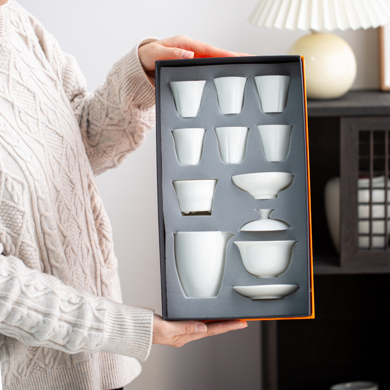 Jadeite Tea Set Dehua White Porcelain Kung Fu Tea Set Covered Bowl Gift Box Business Souvenir Printable Logo