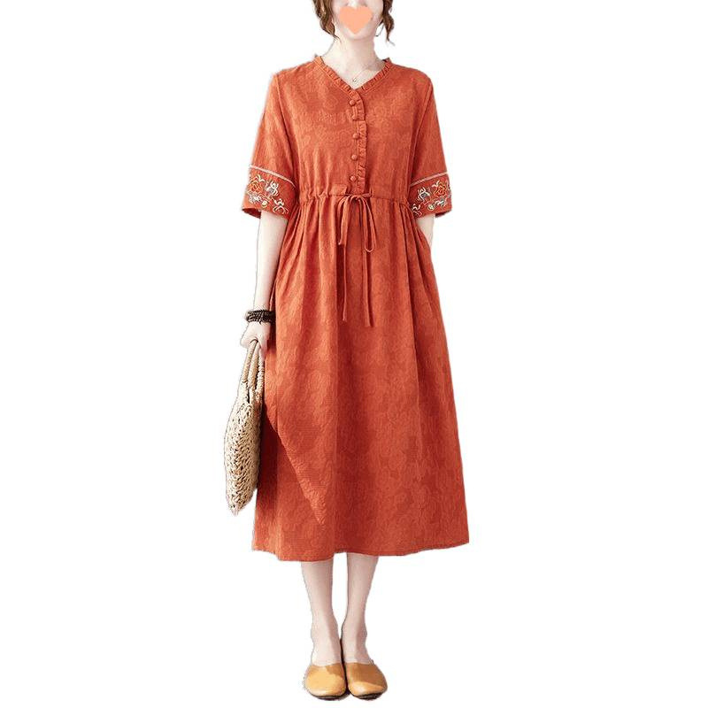 Summer Ethnic Style Cotton and Linen Dress for Women, Classy Waist-Cinching Embroidered Mother's Dress, Loose Slimming Look and Elegant Linen Skirt