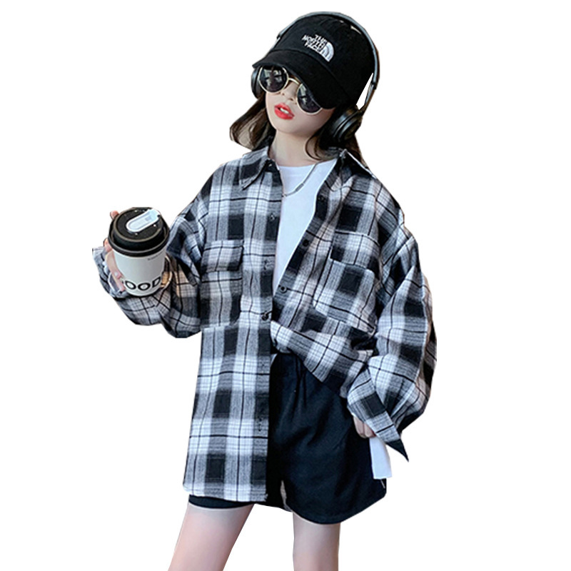 Girls' shirt spring fashionable Korean style plaid shirt 2023 new spring and autumn big children's western style casual plaid shirt