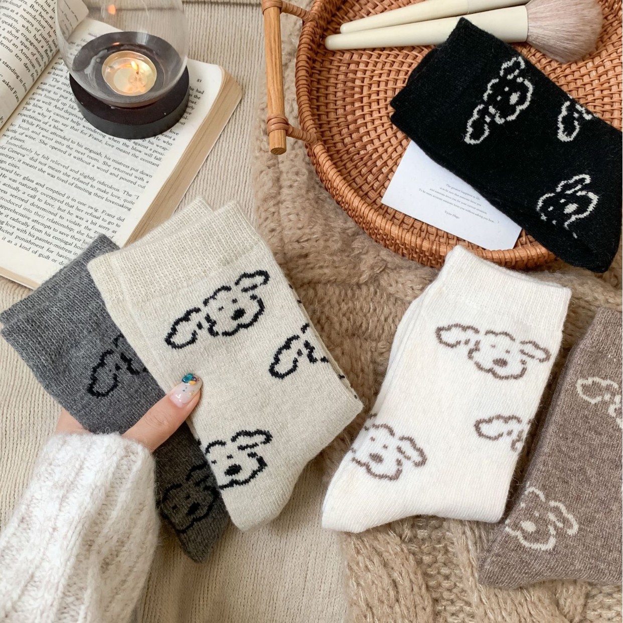 Wool Puppy Socks Autumn and Winter Thickened Warm Cute Ins Trendy with Birkenstock Shoes Japanese Cartoon Mid-Tube Socks