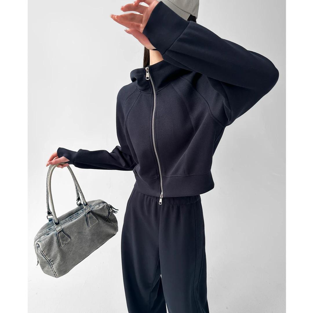 Grab the Mirror Small Waist Essence Short Three-Dimensional Cut Slim-Fit Sports Hooded Sweatshirt Women's Spring and Autumn Loose Micro-silhouette Zipper Jacket