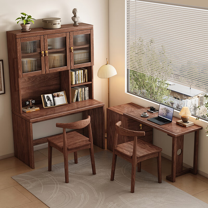 New Chinese Style Desk Bookshelf Integrated Table Bookcase Modern Simple Corner Solid Wood Corner Black Walnut Desk Writing Desk