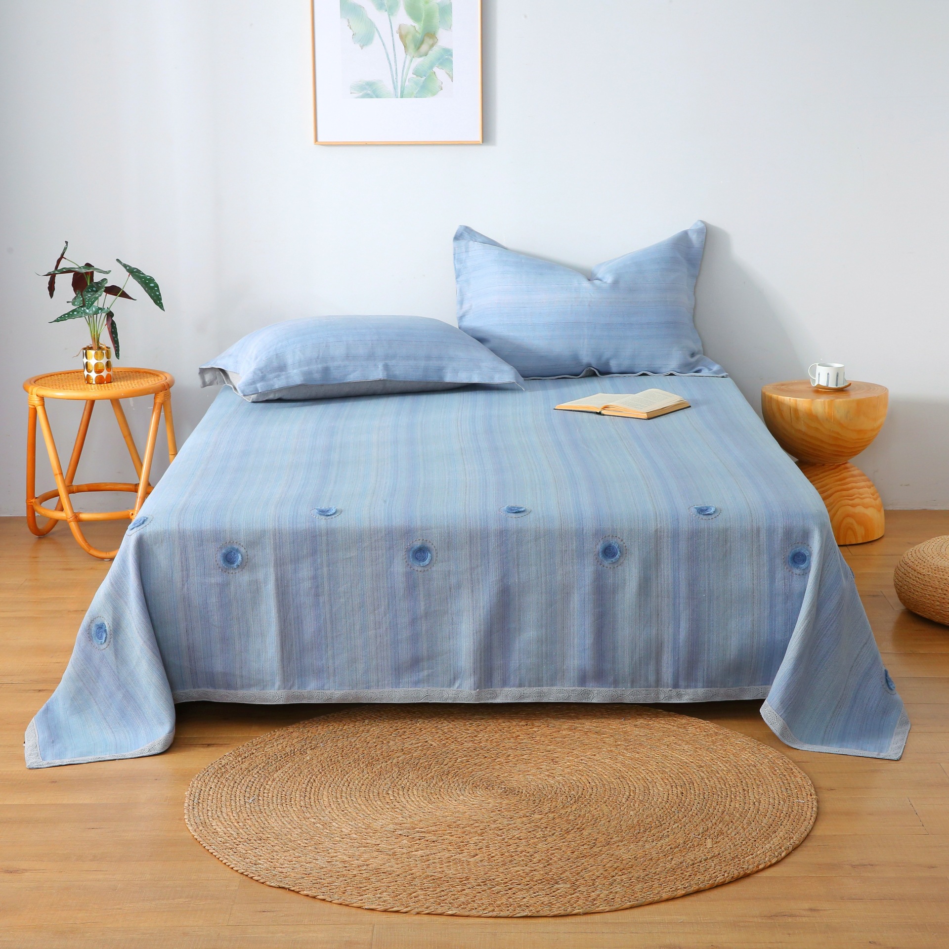 Yutaiyuan Yarn-Dyed Linen Mat Three-Piece Pillowcase Natural Cooling Mat Bedding Set