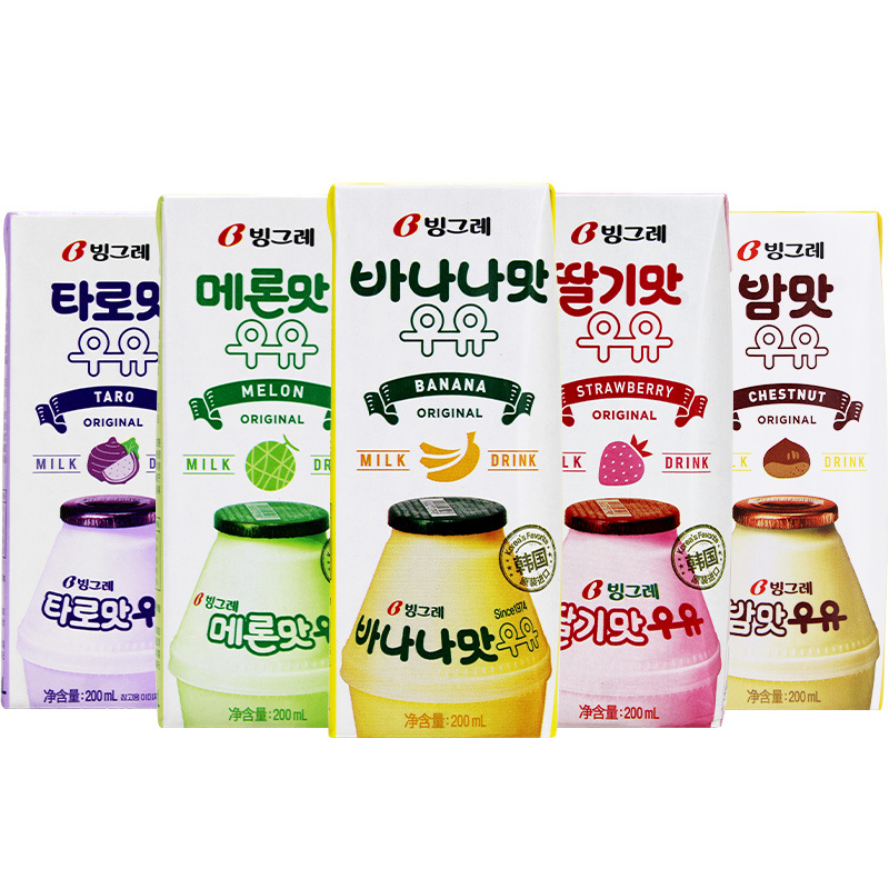 Bingre Banana Milk Korean Imported Strawberry Cantaloupe Taro Flavor 200g*24 Boxes Wholesale Beverage Milk