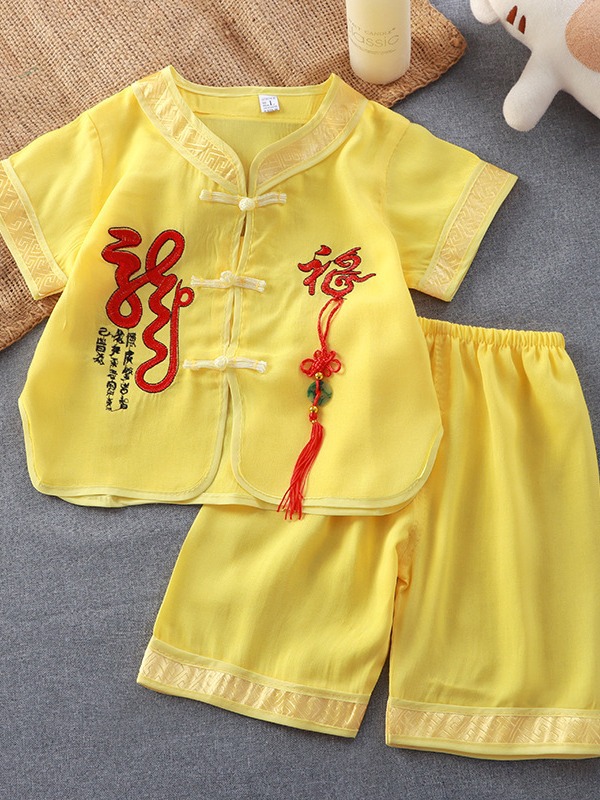 2025 Chinese Style Boy Dragon's Prayer Tang Suit Artificial Cotton Short-Sleeved Suit Double Unicorn Boy Tang Suit Performance