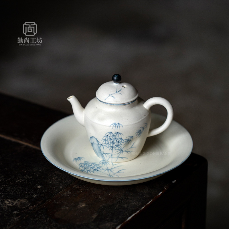 Miji style pink hand-painted blue bamboo Qinghuan pot bearing ceramic cover Bowl bottom tray tea ceremony accessories household fruit tray tea tray