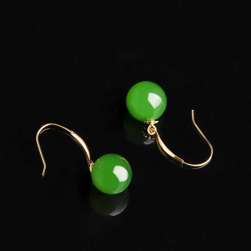Spinach Green Old Material Hetian Jade Jasper Earrings for Women Genuine 18K Gold Inlaid with Natural Jade Round Beads Earrings with Certificate