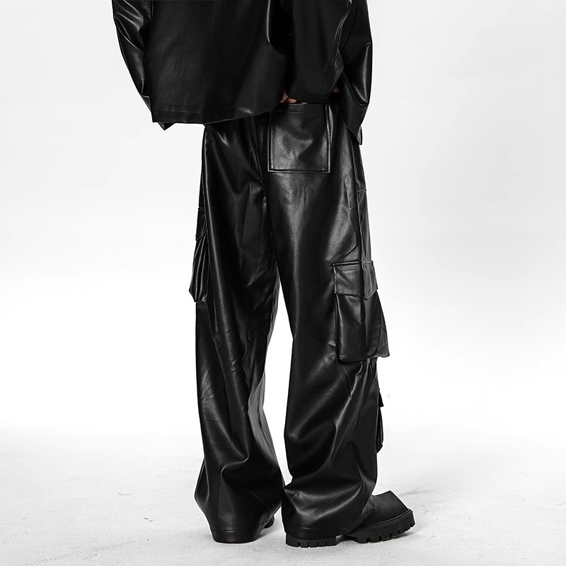 American Hip-Hop Hiphop Street Punk Leather Pants Men's Spring and Autumn New Multi-Pocket Crock Pants Casual Trendy Pants