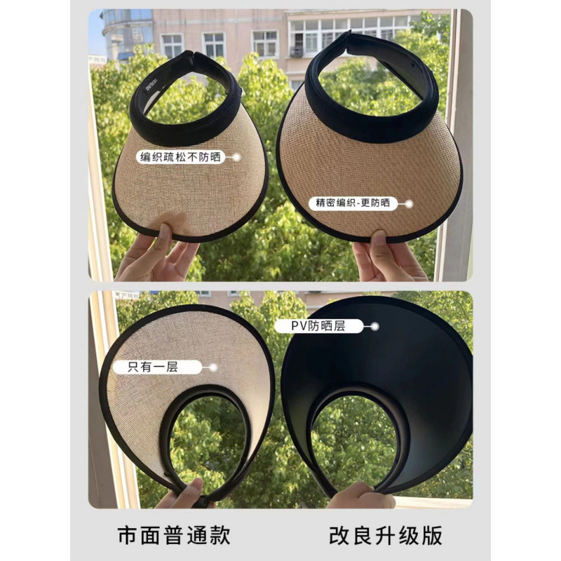 Sun Hat with Open Top, Woven Summer Straw Sunshade, Black Plastic Hat, Korean Style Large Brim Women's Straw Hat, Fashionable Headband Sun Hat