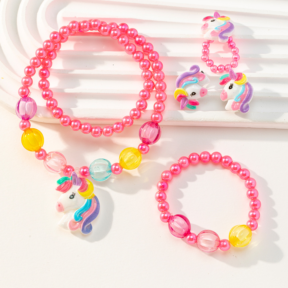 Children's Cartoon Unicorn Resin Necklace Bracelet Four-piece Set Ring Earrings Girls Flower Set Wholesale