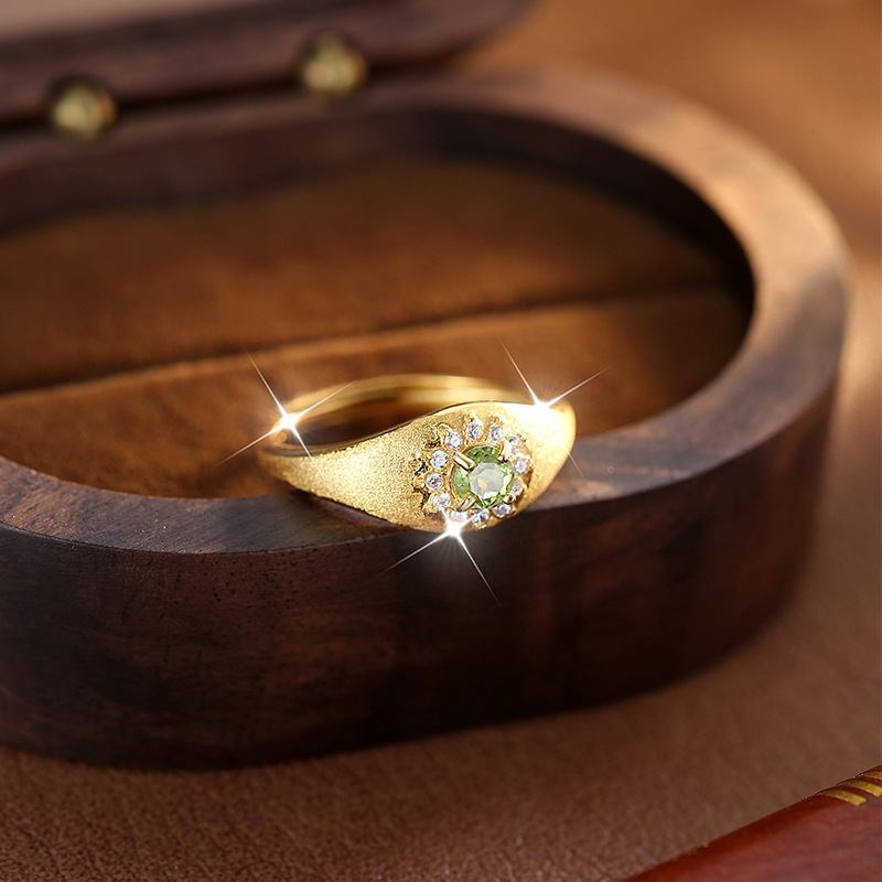 Xiaohongshu's Popular Natural Crystal Stone Retro Ring, Antique Style Brushed Craft S925 Sterling Silver High-End Ring