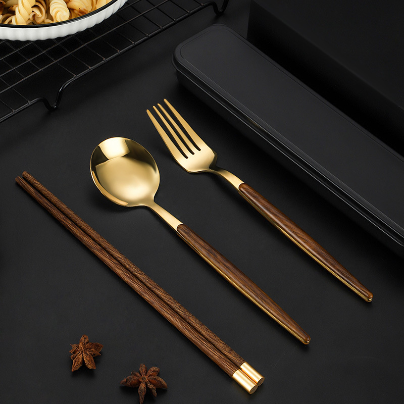 Stainless Steel Portable Tableware Creative Imitation Wood Fork Spoon Chopsticks Portuguese Spoon Fork Chicken Wings Wood Chopsticks Three-piece Set