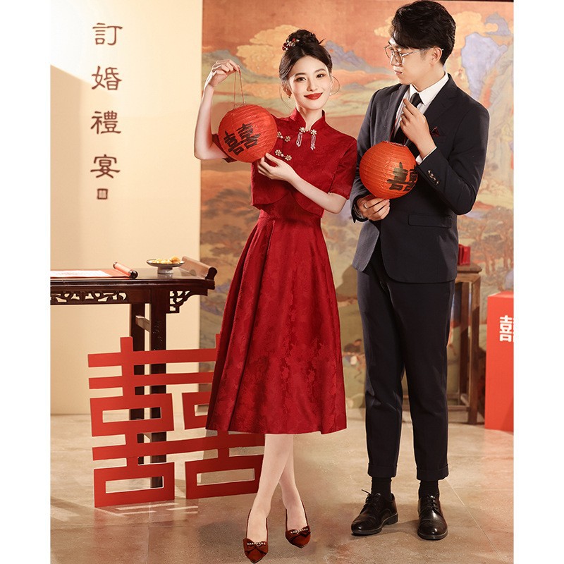 New Chinoiserie Cheongsam Toast Dress Bride 2025 New Red Engagement Suit Out of the Pavilion Long-Sleeved Dress Dress