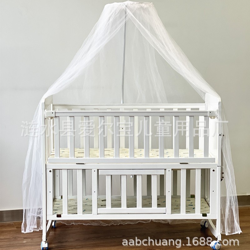 New White Crib Pine Children's Bed Can Be Longed Children's Spliced Bed Sleeping Board with Adjustable Height with Mosquito Net