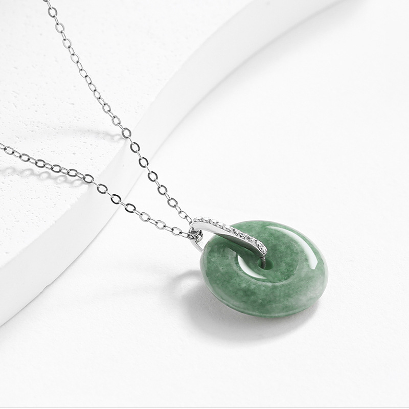 Natural jadeite A bean green small safety buckle pendant S925 silver inlaid ice jade pendant necklace women's wholesale