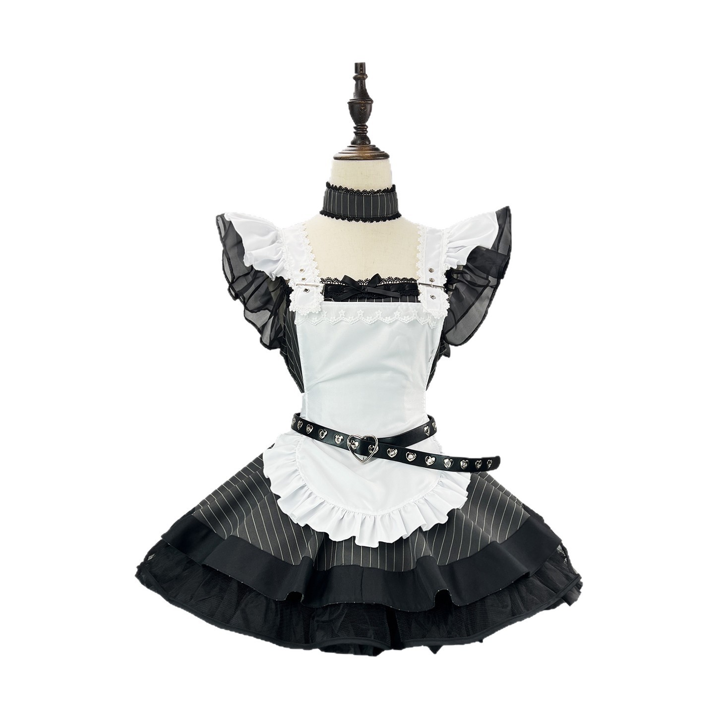 New Retro Black and White Striped Lolita Maid Outfit Subculture Japanese Cute Apron Set Cosplay Dress