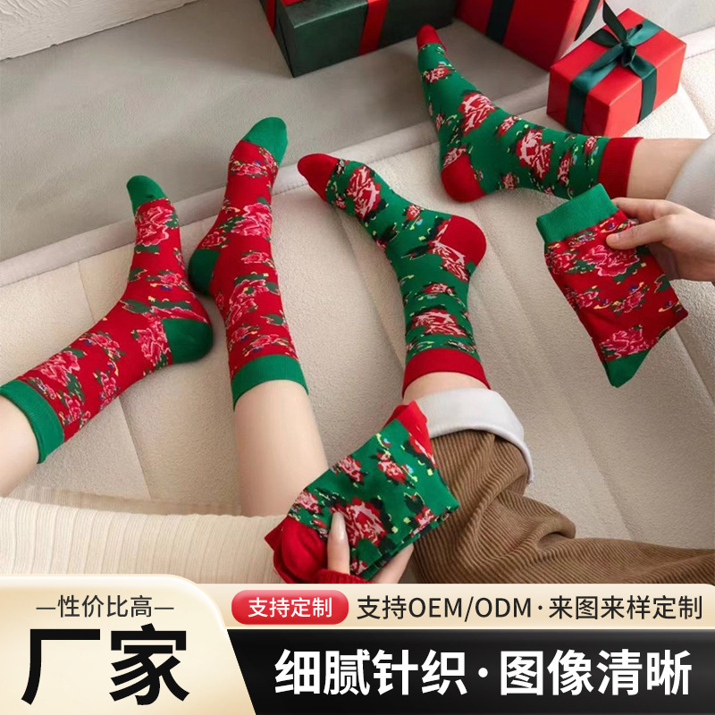 Носки с большими цветами, красные, для женщин, осень и зима, длинные носки, свадебный подарок для пары