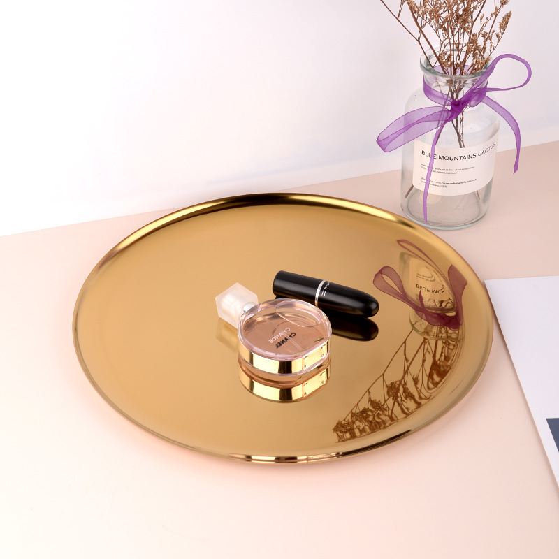 Factory wholesale metal round tray stainless steel disc golden decorative fruit tray tea tray metal storage tray