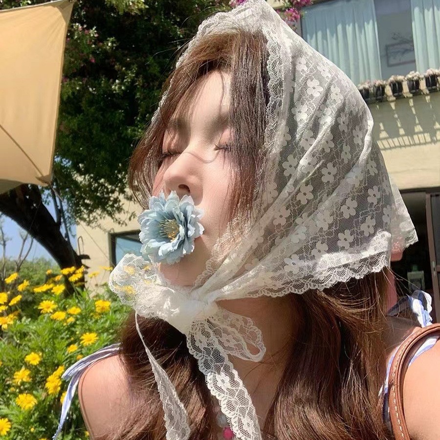 Lace turban triangle scarf fart curtain women's new 2025 apron and folded hem skirt curtain mesh waist towel