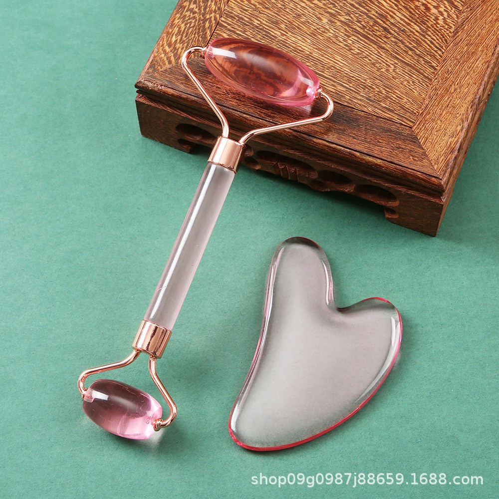 Non-Jade Resin Rose Quartz Double-Headed Roller Massager Heart-Shaped Beauty Facial Massager Shaving Board Set