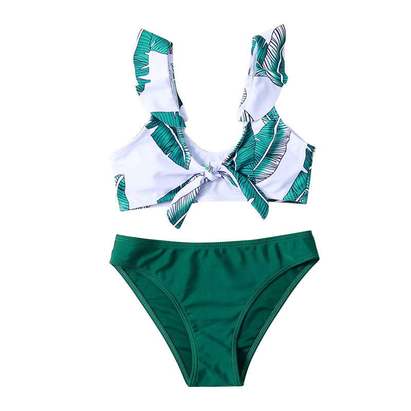 2023 New European and American Leaf Print Children's Swimwear Women's Cross-border Bikini Ruffled Girls' Summer Swimwear