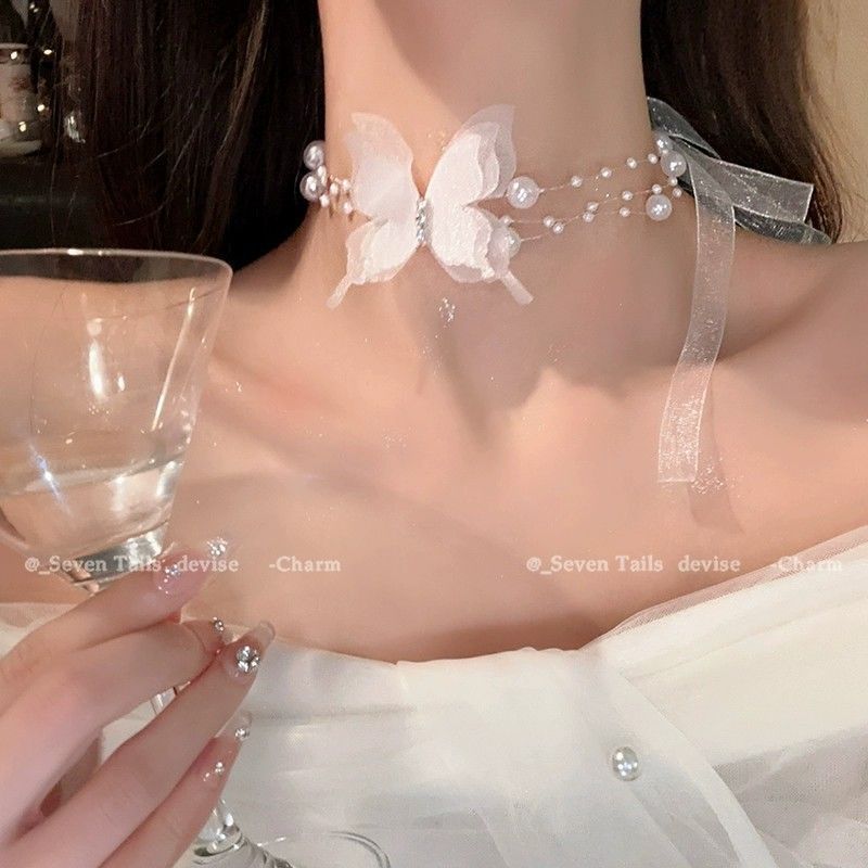Super Fairy Butterfly Pearl Necklace Women's Light Luxury Niche Clavicle Chain 2024 New Style Elegant All-match Necklace Chain