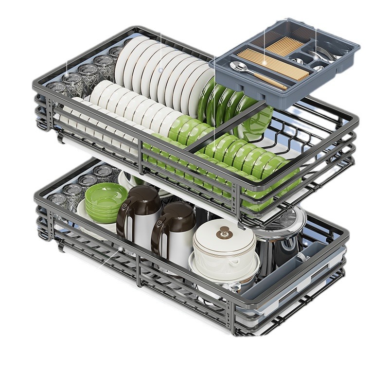 Drawer basket kitchen cabinet drawer-type double-layer storage bowl chopsticks dish rack 304 stainless steel basket seasoning storage pull blue