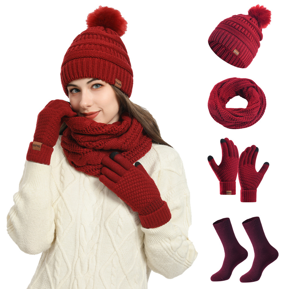 Amazon Hat Cross-Border European and American Winter Women's Woolen Hat, Scarf, Gloves and Socks Four-Piece Set Manufacturer Supply