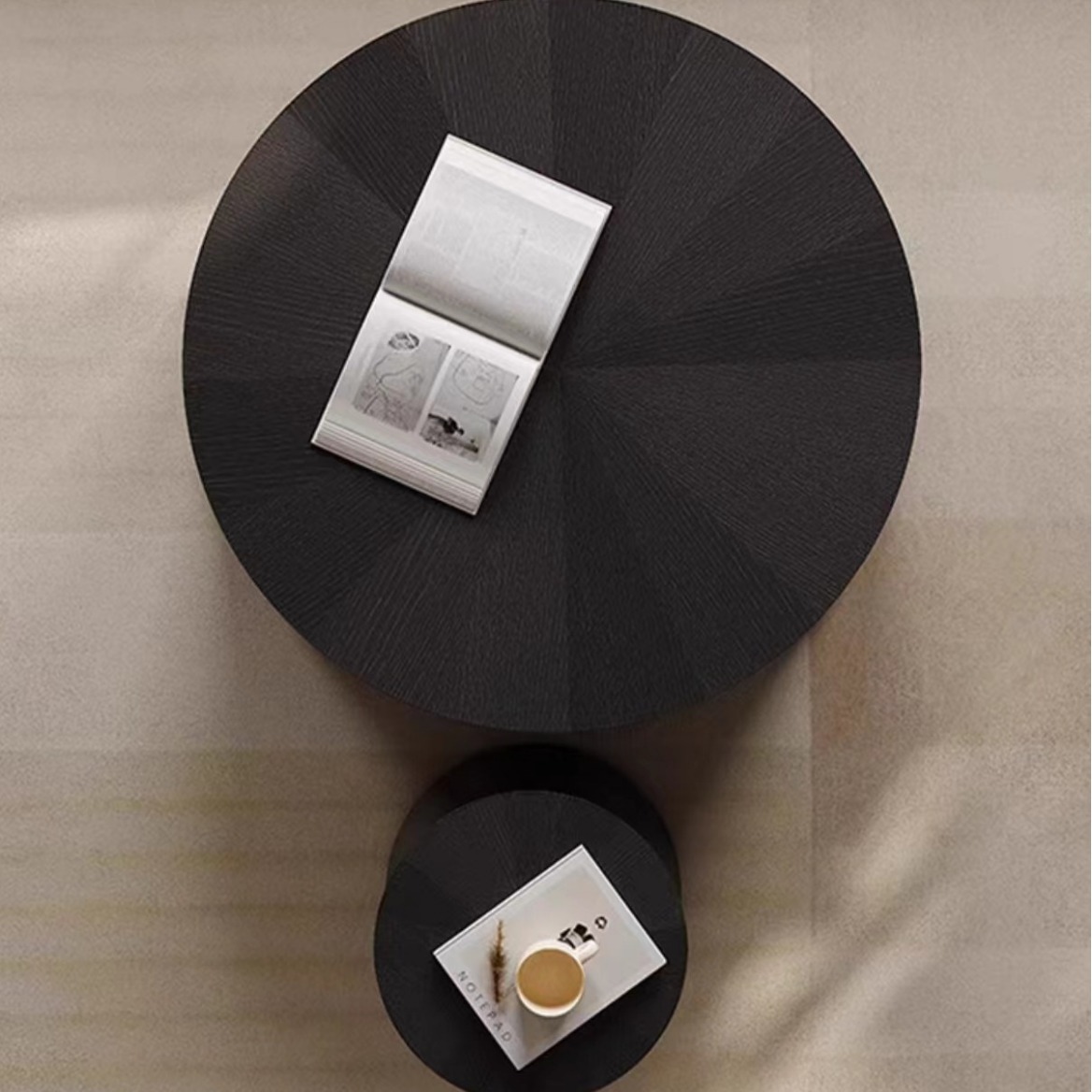Modern simple household round tea table, simple design small apartment black tea table.