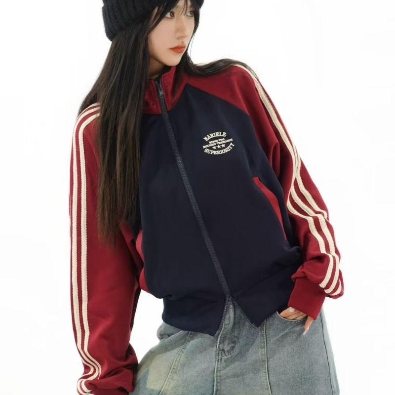 American retro preppy style hot girl short zipper cardigan women's striped color matching stand collar casual long-sleeved jacket