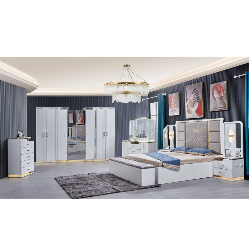 Simple Panel Double Bed Wardrobe Dresser Combination Set Modern Luxury Bedroom Set Whole House Furniture Light Luxury