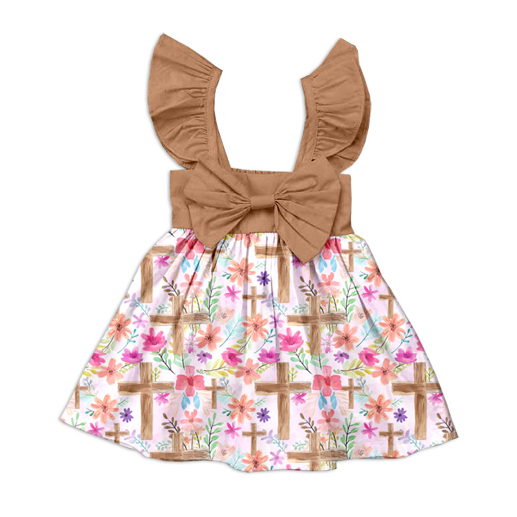 Cross-Border Wholesale Customized Summer Girls' Bow-Knot Small Flying Sleeve Printed Dress
