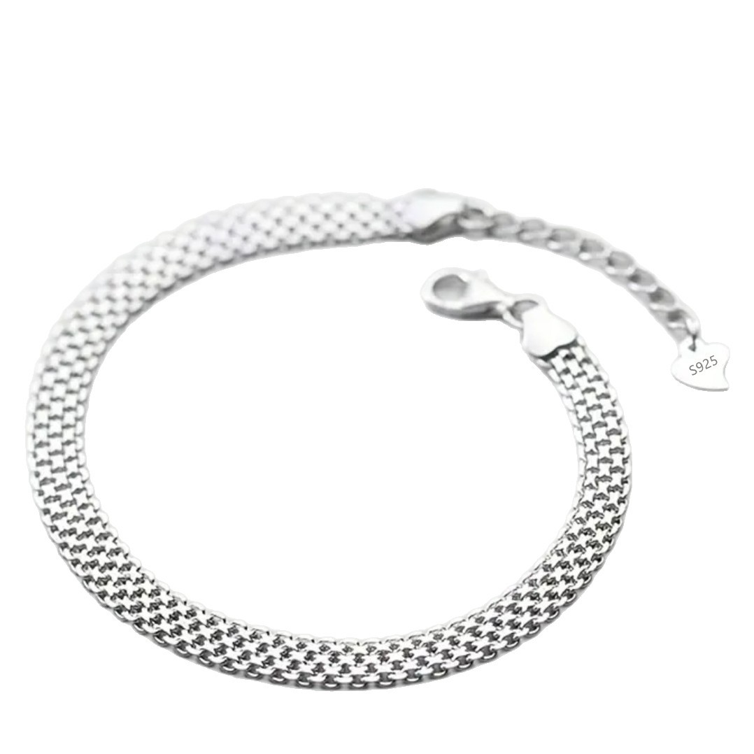 Cross-Border Foreign Trade Temu Hot-Selling Bohemian Silver-Plated Embossed Grid Flat Watch Chain Bracelet for Women Elegant Jewelry