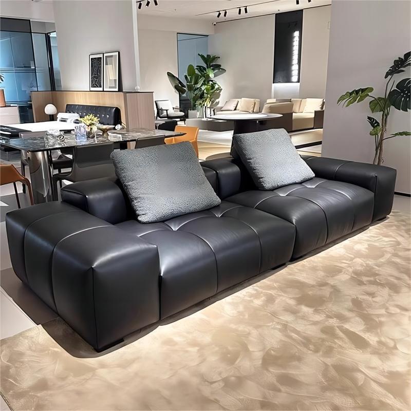 Italian Minimalist Pixel Leather Sofa for Living Room, Top-Grain Cowhide, Black, High-End Leather Art, Straight-Row Modular Combination