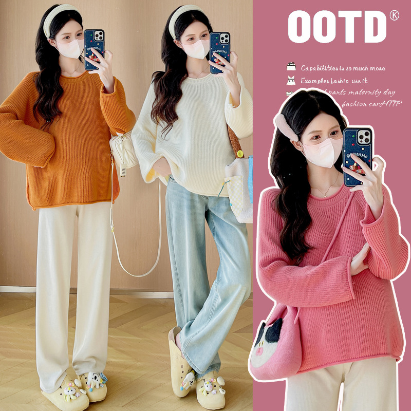 Pregnant Women's Autumn and Winter New Korean Style Fashion All-match Loose Slimming Sweet Age-reducing Sweater Sweater Trendy Pregnant Women's Wear