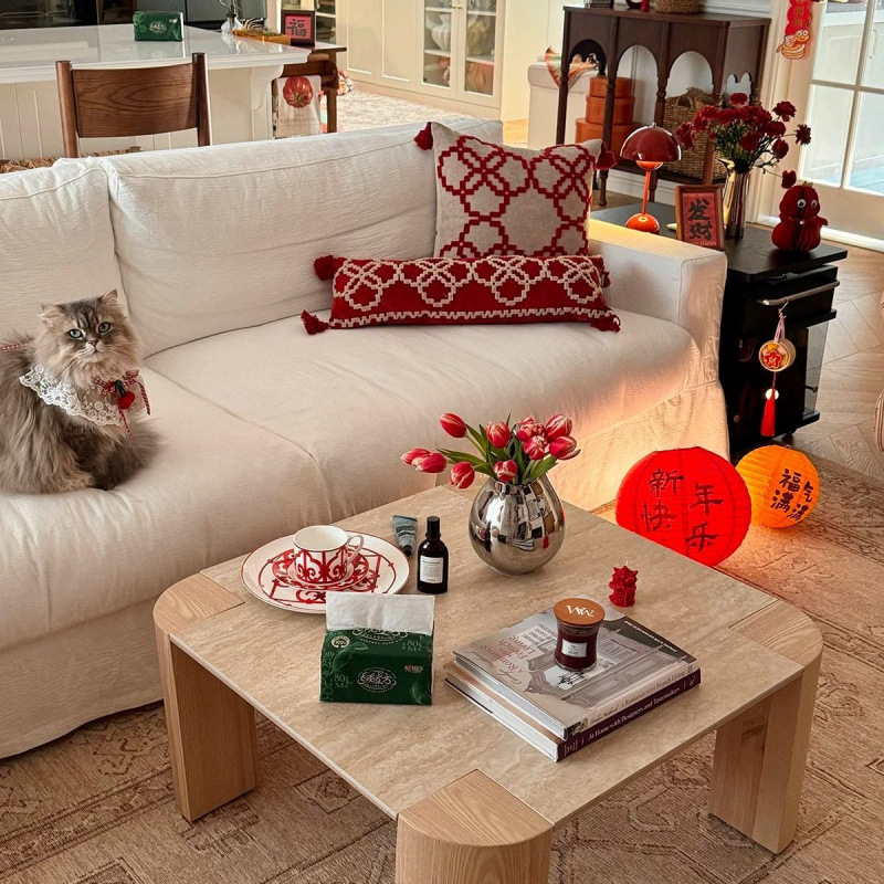 Кремовый стиль, современный простой кофейный столик, для маленькой квартиры, сланец, массив дерева