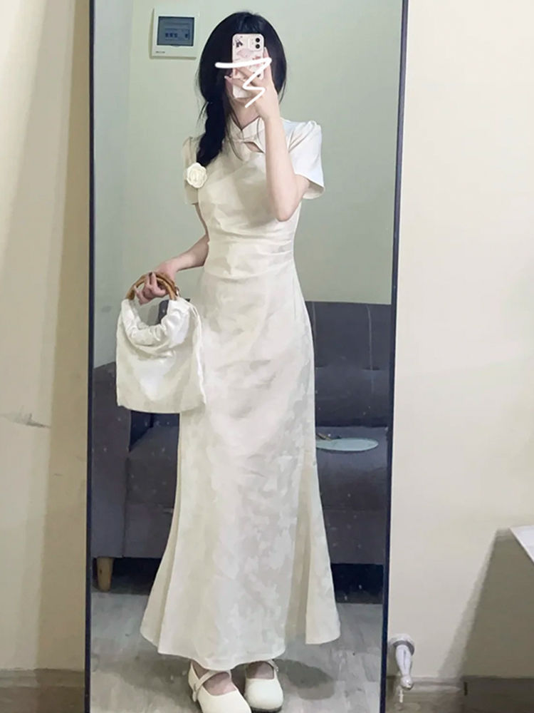 New Chinoiserie National Style Cheongsam Dress for Women Summer 2024 New Royal Sister Style Versatile Waist-Cinching Long Skirt