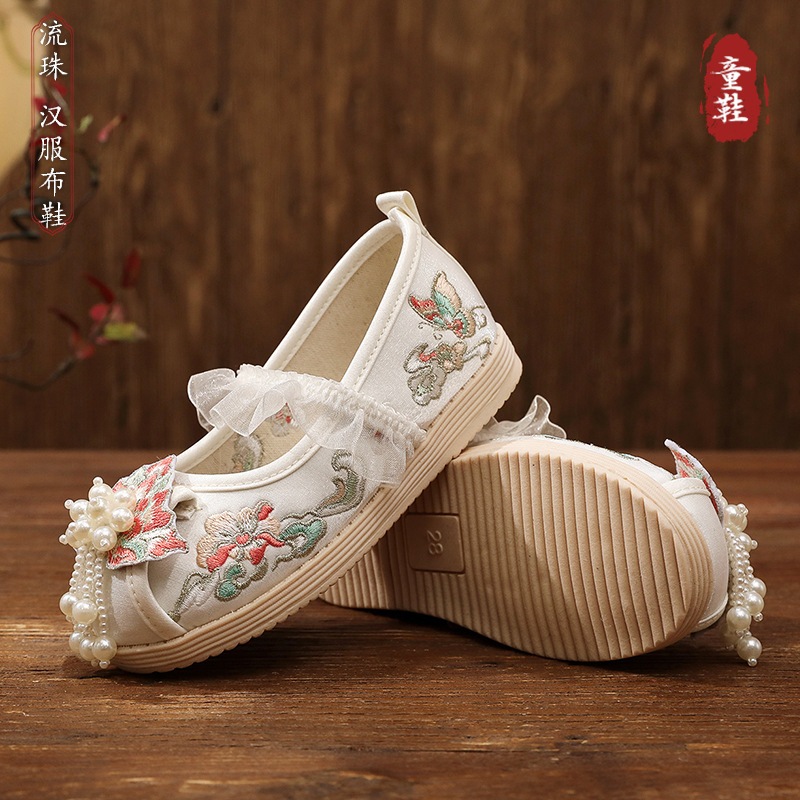 2025 Spring Children's Embroidered Shoes Chinese Style Han Dynasty Shoes Tang Suit Girls' Shoes Ancient Costume Pearl Decorated Cloth Shoes